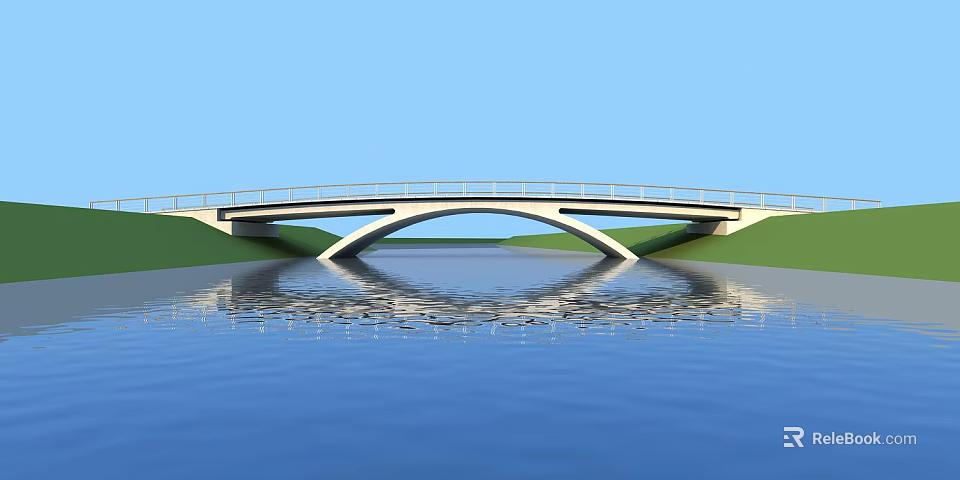 Modern Bridge Spanning River With Reflection In Blue Sky And Green Grass 3d model