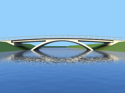 Modern Bridge Spanning River With Reflection In Blue Sky And Green Grass 3d model