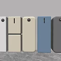 Modern Refrigerators and Freezers with Different Colors and Sleek Design Arranged in Row
