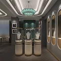 Modern Luxury Jewelry Store With Green Back Wall 2000 Sign Glass Display Cases And Chandelier