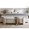Double Bed with Upholstered Headboard Pillows Nightstands Green Vase and Bench on Light Rug