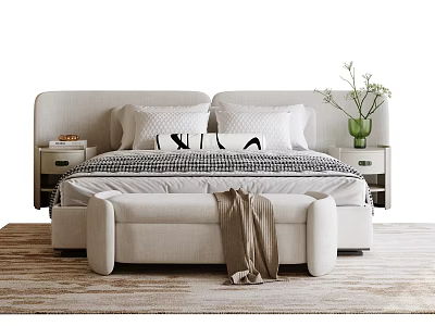 Double Bed with Upholstered Headboard Pillows Nightstands Green Vase and Bench on Light Rug 3d model