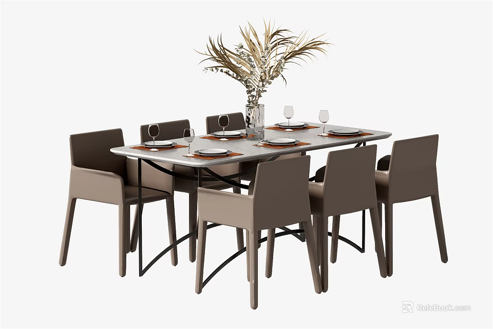 Modern Dining Table Set With Chairs Tableware And Vase With Plants 3d model