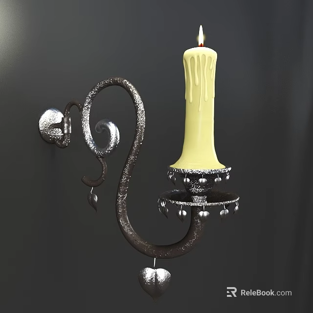 Vintage Wrought Iron Wall Sconce With Curved Metal Frame And Decorative Candle Holder 3d model 
