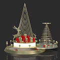 Festive Decorative Display With Golden Triangular Structure Spiral Tree Deer Ornament And Red Gift Boxes 3d model