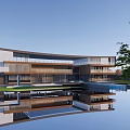 Modern Sales Office Building With Green Lawn Trees Pink Flowers And Water Feature
