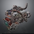 Detailed Industrial Engine With Pipes Cables Red Fan And Metal Parts