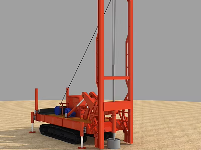 Red Tracked Industrial Drilling Equipment Featuring Tall Tower Frame And Hydraulic Machinery 3d model