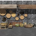 Traditional Agricultural Equipment With Woven Drying Baskets Wooden Buckets And Rural Brick Wall