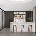 Modern Bar Area With Dark Cabinetry Glass Wine Cabinet And Display Shelves