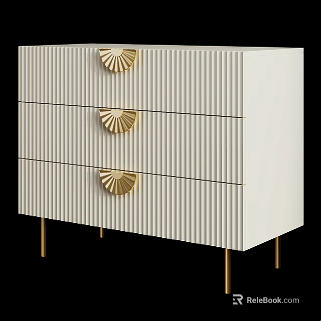Modern Entryway Side Cabinet with Three Drawers Golden Fan Handles Vertical Stripes And Golden Legs 3d model 