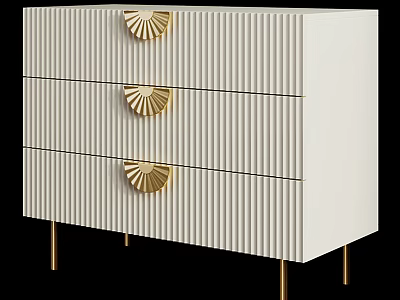 Modern Entryway Side Cabinet with Three Drawers Golden Fan Handles Vertical Stripes And Golden Legs 3d model