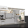 Modern Coffee Booth Interior Design With Counter Coffee Machine Display Shelf Chair And Plant