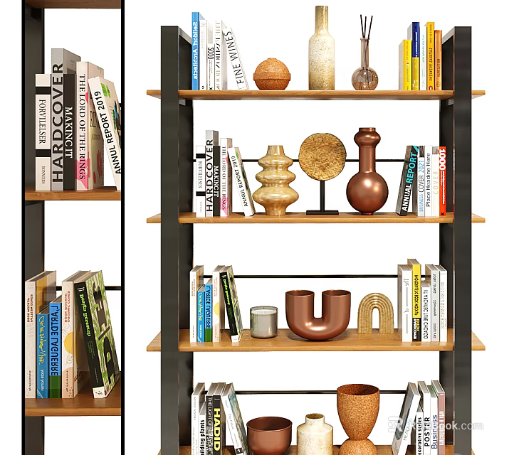 Modern Wooden Bookshelf With Multiple Open Shelves Books And Decorative Sculptures 3d model 