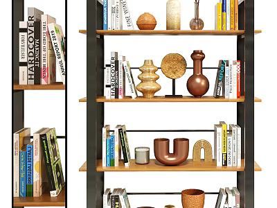 Modern Wooden Bookshelf With Multiple Open Shelves Books And Decorative Sculptures 3d model