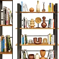 Modern Wooden Bookshelf With Multiple Open Shelves Books And Decorative Sculptures