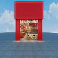 Shopping Mall Food Store with Red Interior Tables Chairs and Food Display Posters
