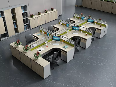 Modern Office Workspace With Multiple Desks Dividers Computers And Green Plants 3d model