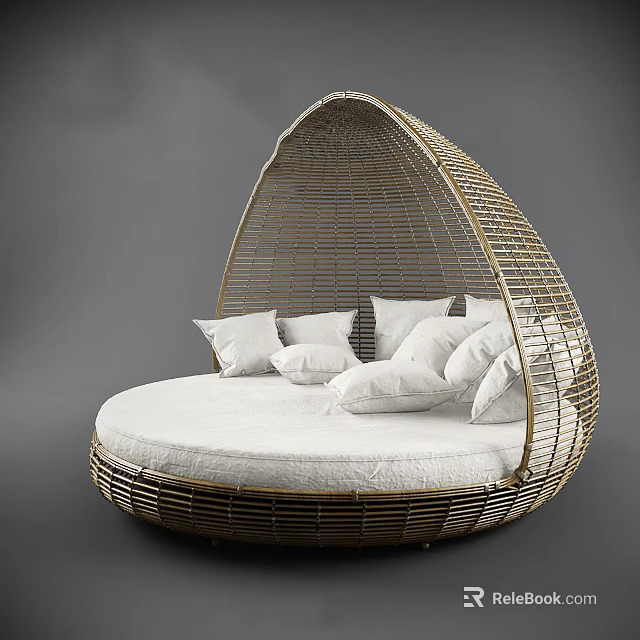 Elegant Round Bed With Rattan Frame Egg Shaped Design And White Pillows 3d model 