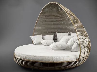 Elegant Round Bed With Rattan Frame Egg Shaped Design And White Pillows 3d model