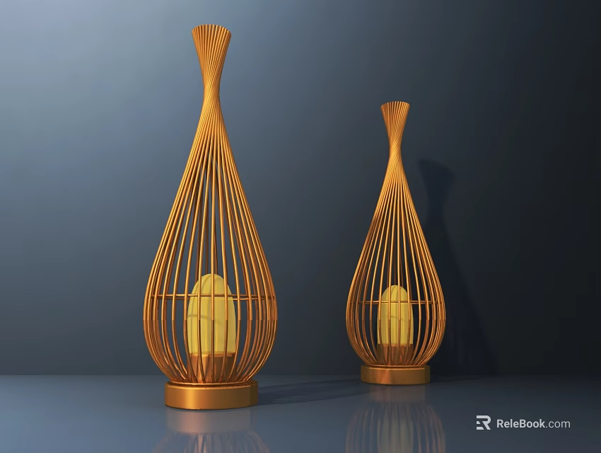 Two Wooden Vase Shaped Table Lamps With Woven Design And Yellow Light On Sleek Surface 3d model 
