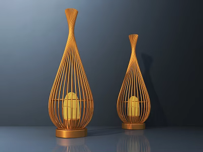 Two Wooden Vase Shaped Table Lamps With Woven Design And Yellow Light On Sleek Surface 3d model