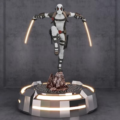 Game Movie Character In Futuristic Armor With Glowing Energy Swords On Illuminated Metallic Platform 3d model