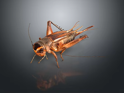 Detailed Brown Cricket With Long Antennae And Legs On Dark Background 3d model