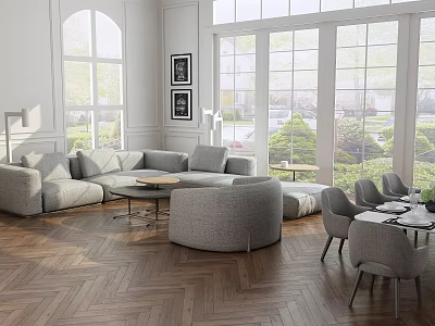 Modern Light Grey Sofa and Coffee Table Set With Spacious Bright Living Room Wooden Floor 3d model