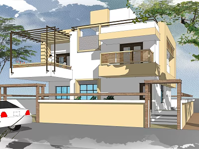 Modern Two Story Detached Villa Exterior With Balcony Wooden Railings And Front Trees 3d model