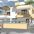 Modern Two Story Detached Villa Exterior With Balcony Wooden Railings And Front Trees