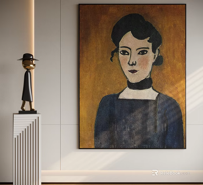 Classic Female Portrait Painting With Gold Backdrop And Dark Clothing In Modern Interior 3d model 