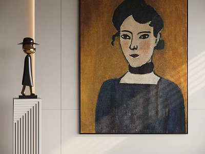 Classic Female Portrait Painting With Gold Backdrop And Dark Clothing In Modern Interior 3d model
