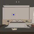 Modern Bedroom Interior With White Wardrobes Cozy Bedspread Two Pillows Framed Painting And Recessed Lighting