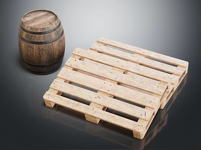 Heavy Duty Industrial Equipment With Wooden Barrel And Stacked Wooden Pallets For Storage 3d model