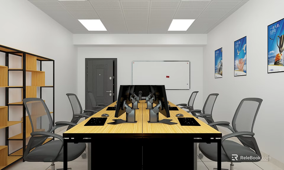 Public Office Space With Long Table Computers Office Chairs Whiteboard Decorative Paintings And Ceiling Lights 3d model 