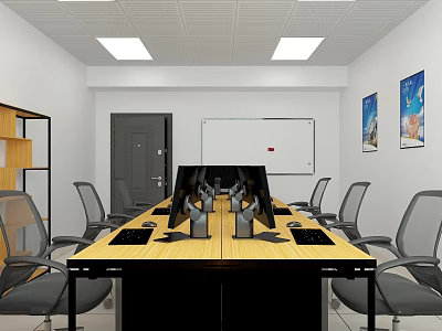 Public Office Space With Long Table Computers Office Chairs Whiteboard Decorative Paintings And Ceiling Lights 3d model