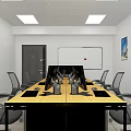 Public Office Space With Long Table Computers Office Chairs Whiteboard Decorative Paintings And Ceiling Lights