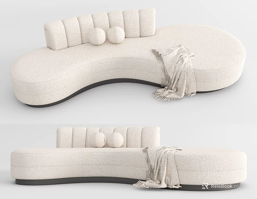Cream Colored Curved Sectional Sofa with Round Cushions and Cozy Throw Blanket 3d model 