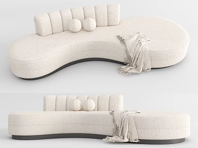 Cream Colored Curved Sectional Sofa with Round Cushions and Cozy Throw Blanket 3d model