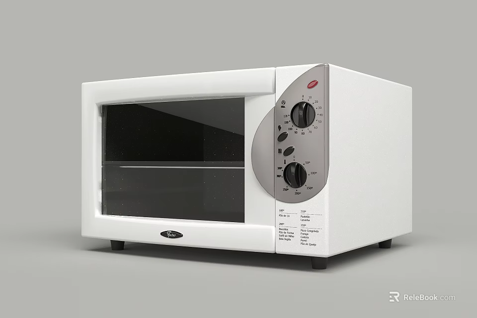 White Electric Stove with Black Glass Door Silver Control Panel Knobs and Bottom Wheels 3d model 