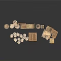 Household Storage Essentials Including Stacked Wooden Crates Barrels Boxes And Sacks