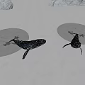 Two Whales Swimming Near Large Icebergs On Calm Ocean Surface