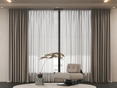 Gray Curtains With White Sheer Panels In Modern Room With Beige Armchair And Indoor Plant 3d model