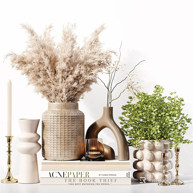 Decorative Ornament Set With Various Vases Dried Pampas Grass Green Foliage And Candle 3d model 