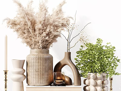 Decorative Ornament Set With Various Vases Dried Pampas Grass Green Foliage And Candle 3d model