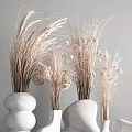 White Ceramic Vases With Various Shapes Holding Dried Pampas Grass And Pink Blossoms