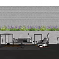 Outdoor Sofa With Coffee Tables Bar Stools In Patio Gray Wall And Purple Plants