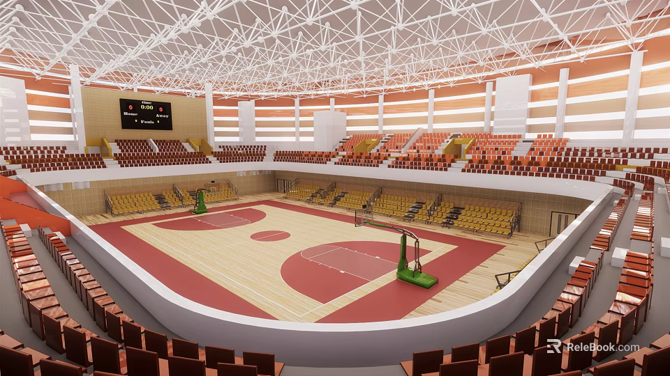 Indoor Sports Stadium With Basketball Court Spectator Seats And Wooden Floor 3d model 