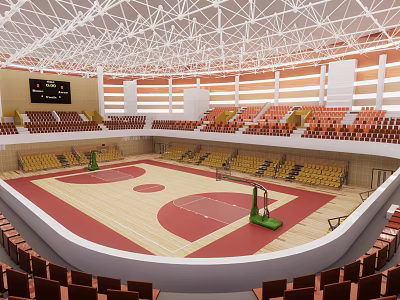Indoor Sports Stadium With Basketball Court Spectator Seats And Wooden Floor 3d model
